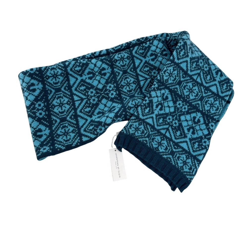Johnstons‎ of Elgin Merino Angora Fair Isle Scarf Teal Turquoise Scotland NEW